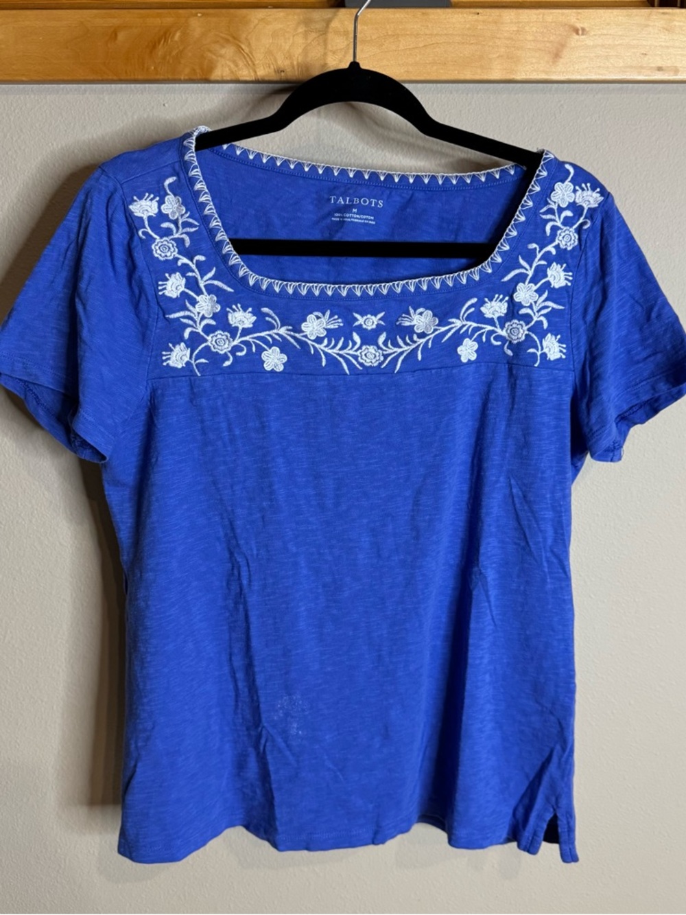 Talbots Royal Blue Short-Sleeve Cotton Top with White Floral Embroidery